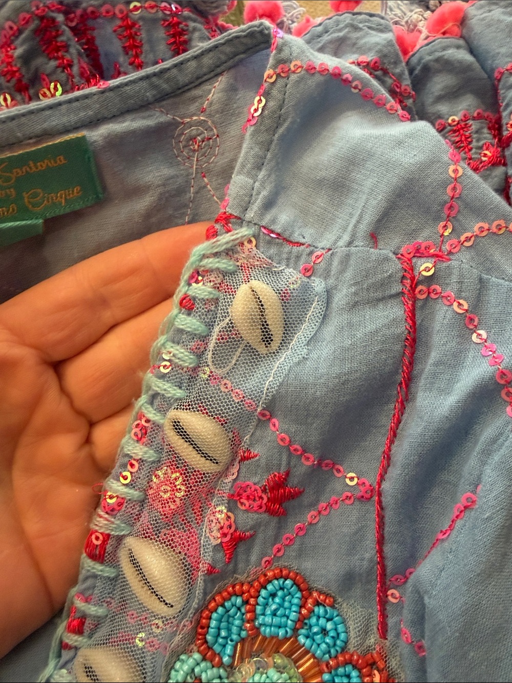 Beautiful Mid-Summer Ocean Blue Mini Dress, w/ Neon Pink Sequins and Seashells - Picture 11 of 11
